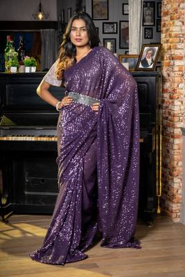 purple woven net sequins work all seasons sarees 1