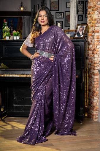 purple woven net sequins work all seasons sarees