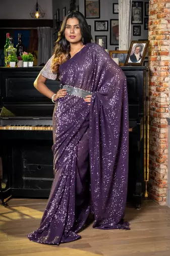 purple woven net sequins work all seasons sarees