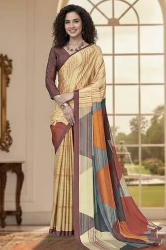 yellow color deisgner printed crepe art silk saree for ceremonial presence