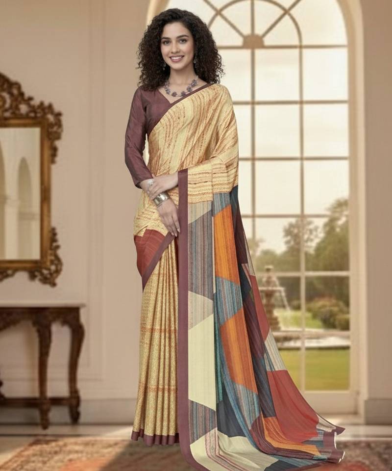 yellow color deisgner printed crepe art silk saree for ceremonial presence