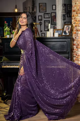 purple woven net sequins work all seasons sarees