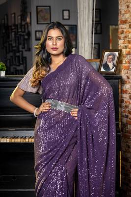 purple woven net sequins work all seasons sarees 3