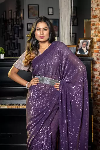 purple woven net sequins work all seasons sarees