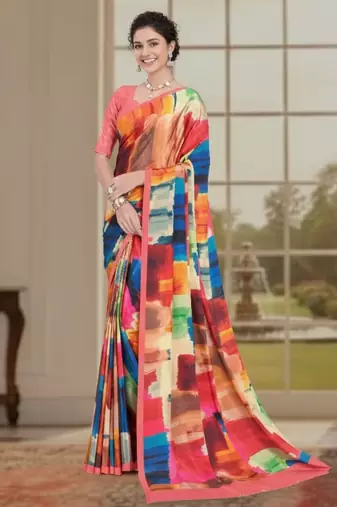multy color deisgner printed crepe art silk saree for ceremonial presence
