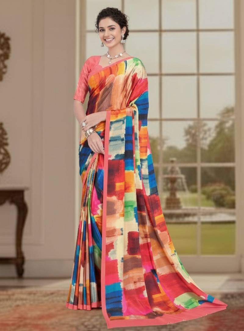 multy color deisgner printed crepe art silk saree for ceremonial presence