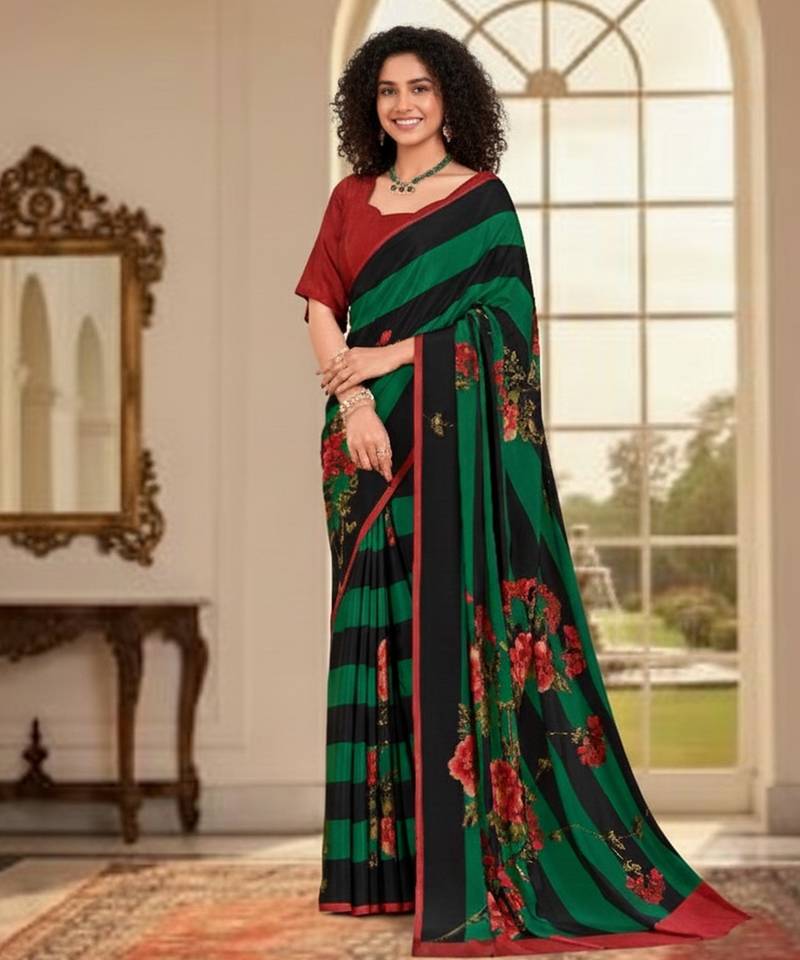 green color deisgner printed crepe art silk saree for ceremonial presence