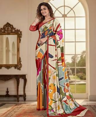 cream deisgner printed crepe art silk blend saree ceremonial presence 1