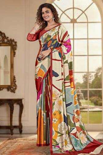 cream color deisgner printed crepe art silk saree for ceremonial presence