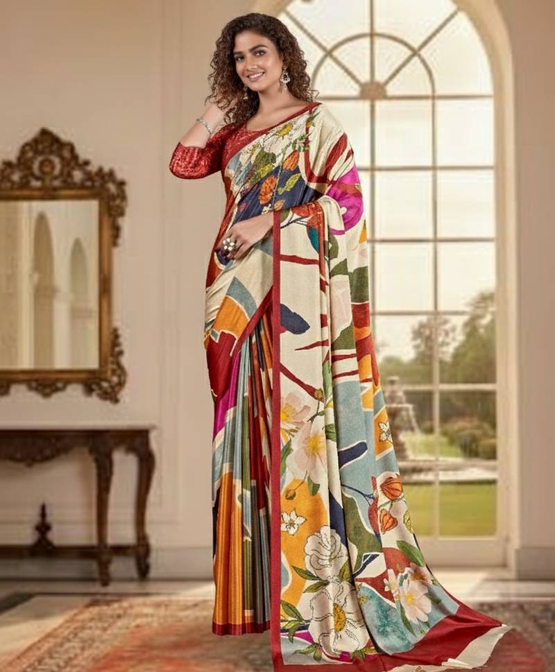 cream color deisgner printed crepe art silk saree for ceremonial presence