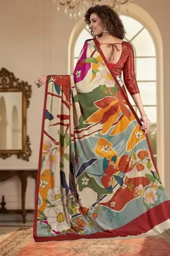 cream deisgner printed crepe art silk blend saree ceremonial presence