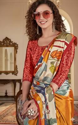 cream deisgner printed crepe art silk blend saree ceremonial presence 3