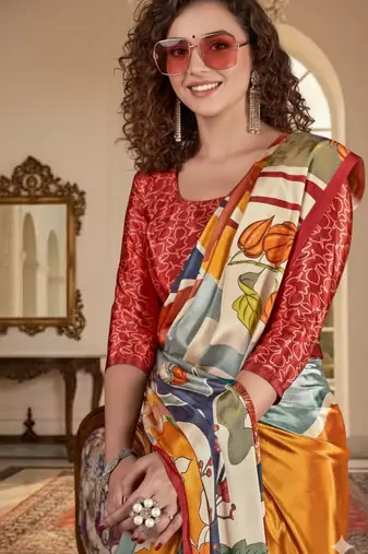 cream deisgner printed crepe art silk blend saree ceremonial presence