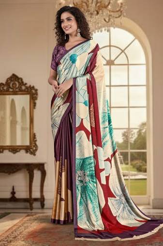 multy color deisgner printed crepe art silk saree for ceremonial presence