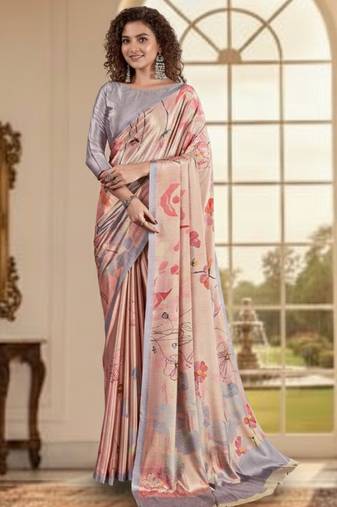 pink color deisgner printed crepe art silk saree for ceremonial presence