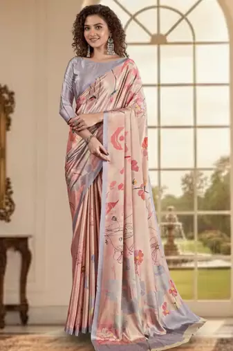 pink color deisgner printed crepe art silk saree for ceremonial presence