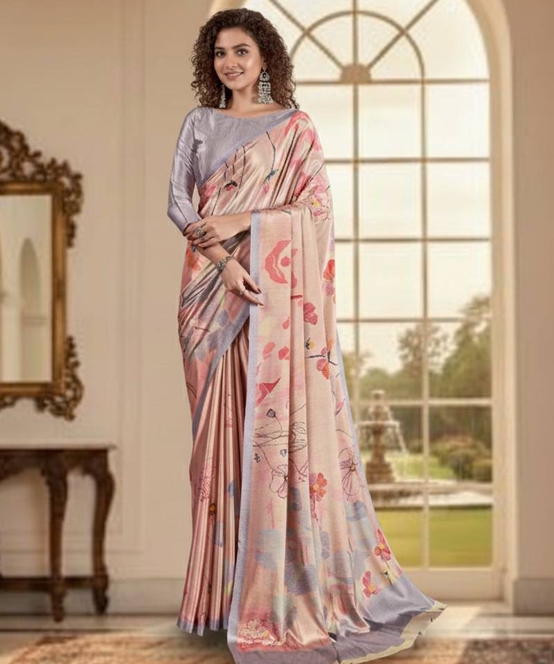 pink color deisgner printed crepe art silk saree for ceremonial presence