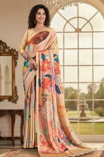 peach color deisgner printed crepe art silk saree for ceremonial presence