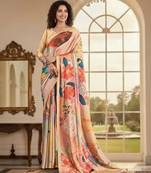 peach color deisgner printed crepe art silk saree for ceremonial presence