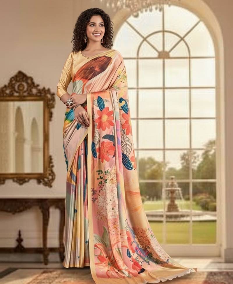peach color deisgner printed crepe art silk saree for ceremonial presence
