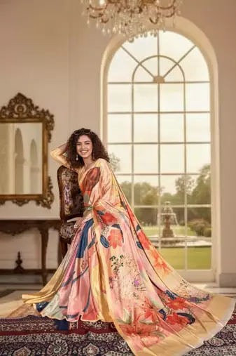 peach deisgner printed crepe art silk blend saree ceremonial presence