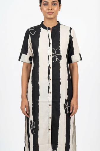 Black striped floral embroidered cotton straight kurti