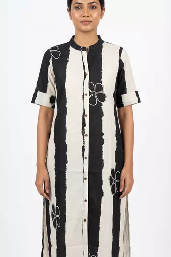 Black striped floral embroidered cotton straight kurti