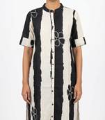 Black striped floral embroidered cotton straight kurti