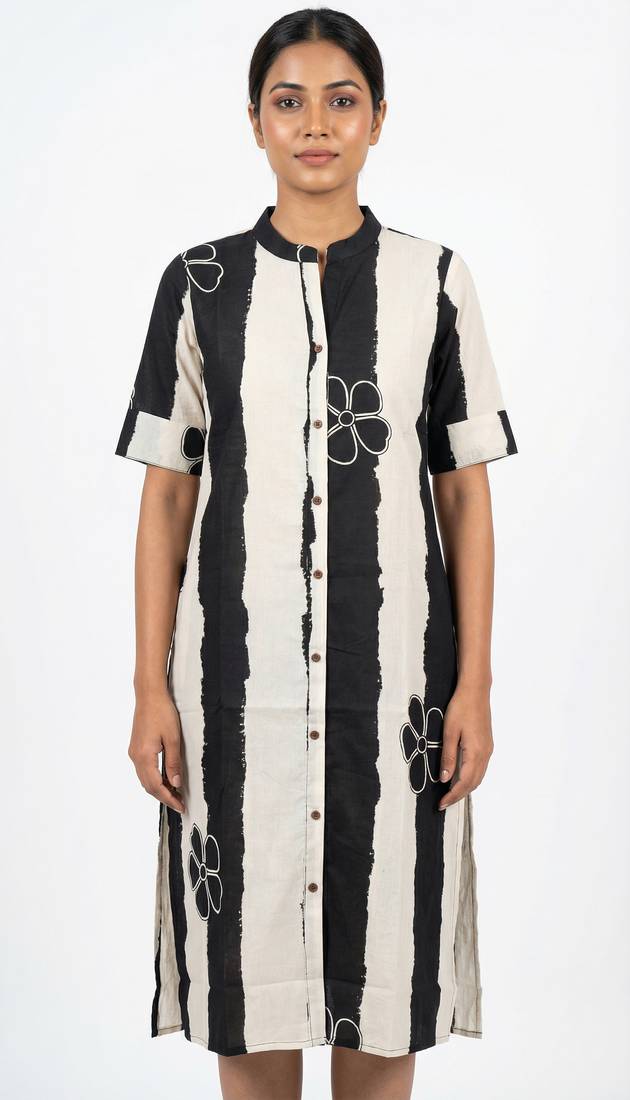 Black striped floral embroidered cotton straight kurti