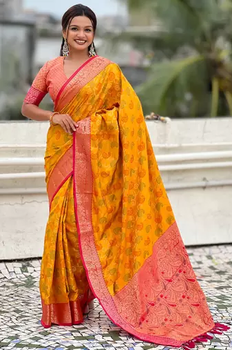 mustard color patola silk blend fabric woven meenakari designer saree