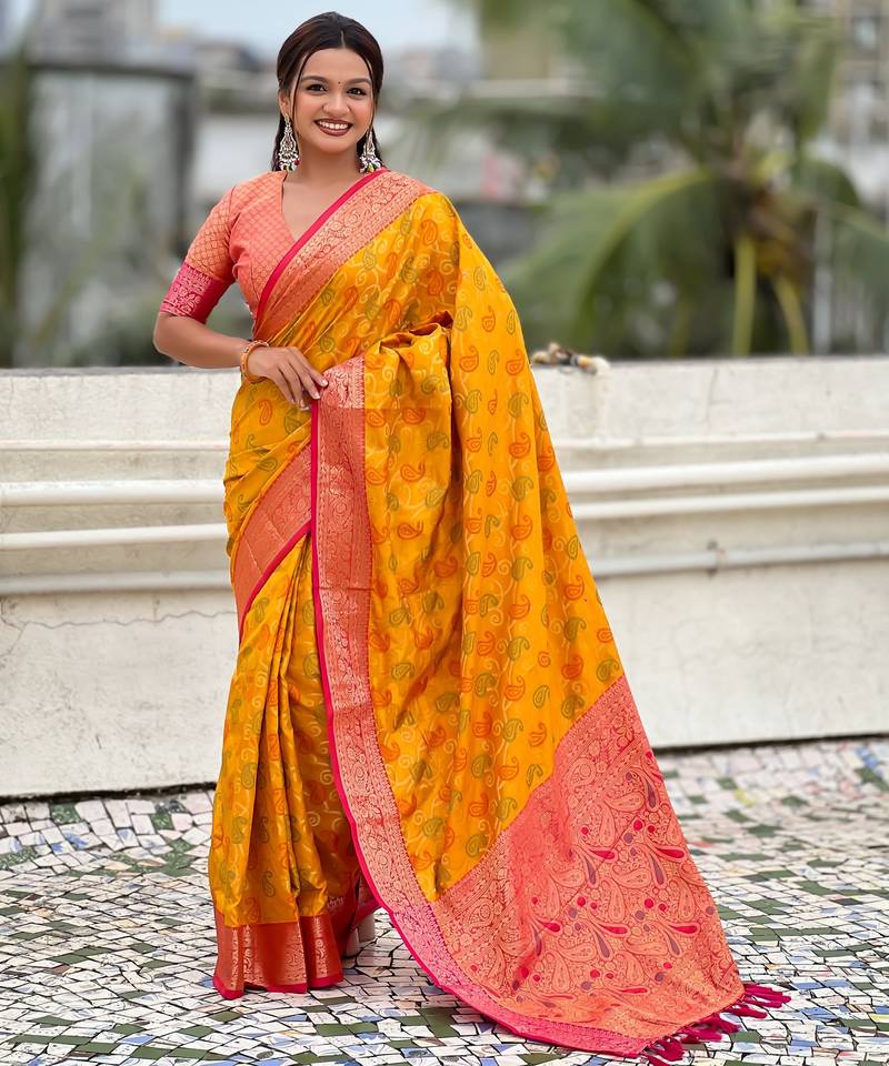 mustard color patola silk blend fabric woven meenakari designer saree