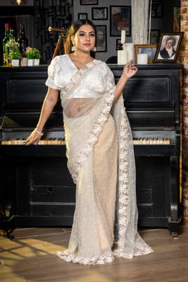 white woven net sequins work all seasons sarees 1