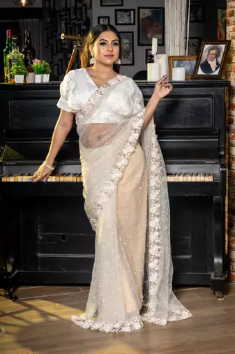 white woven net sequins work all seasons sarees