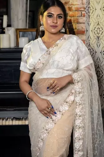 white woven net sequins work all seasons sarees