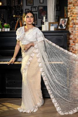 white woven net sequins work all seasons sarees 3