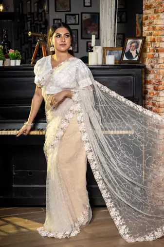 white woven net sequins work all seasons sarees