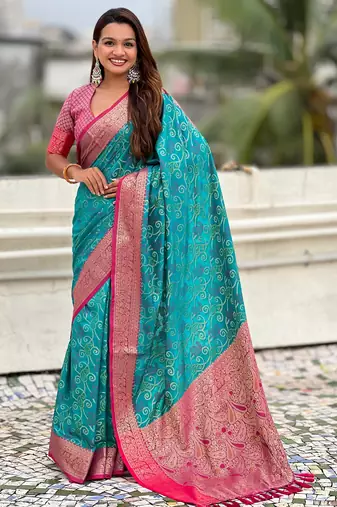 sea green color patola silk blend fabric woven meenakari designer saree