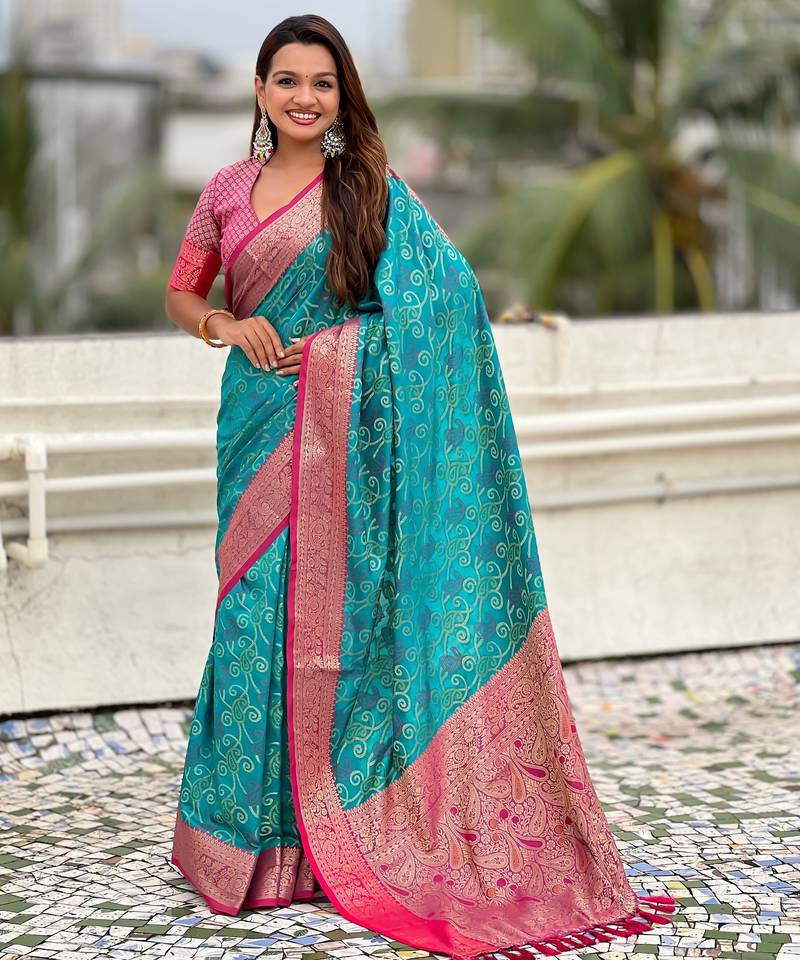 sea green color patola silk blend fabric woven meenakari designer saree