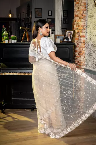 white woven net sequins work all seasons sarees