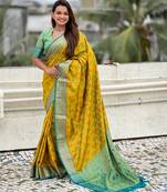 mahendi color patola silk blend fabric woven meenakari designer saree