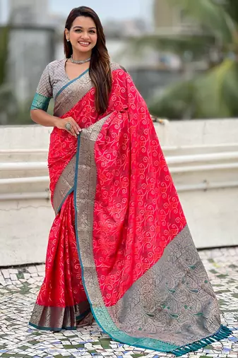 pink color patola silk blend fabric woven meenakari designer saree