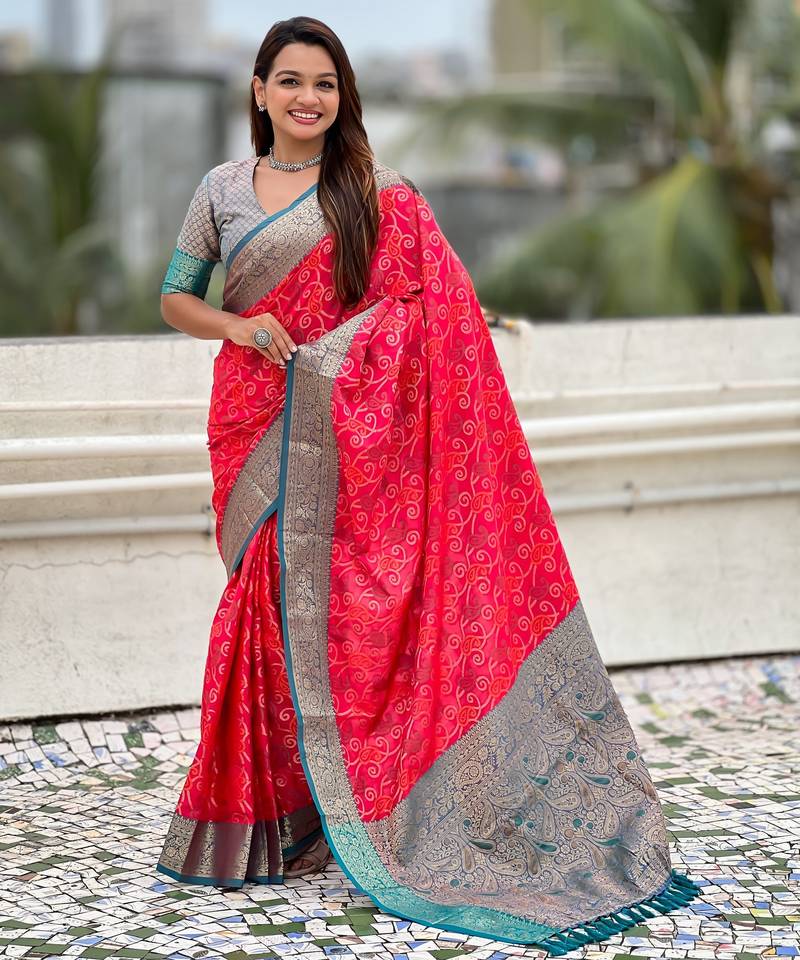 pink color patola silk blend fabric woven meenakari designer saree