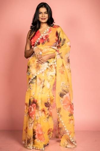 yellow woven organza zari work all seasons sarees