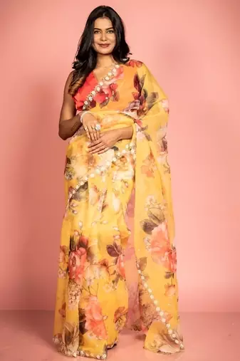 yellow woven organza zari work all seasons sarees