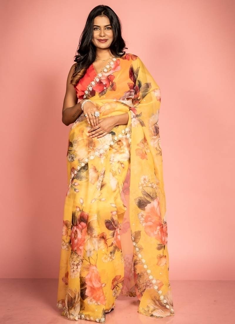yellow woven organza zari work all seasons sarees