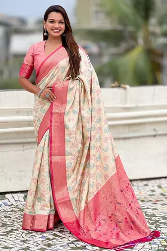 cream color patola silk blend fabric woven meenakari designer saree