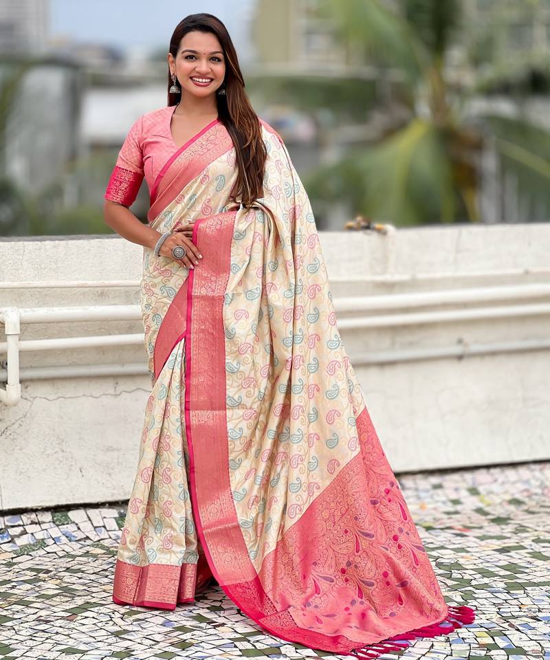 cream color patola silk blend fabric woven meenakari designer saree