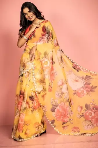yellow woven organza zari work all seasons sarees