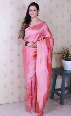 baby pink soft silk blend woven zari ethnic partywear saree 1