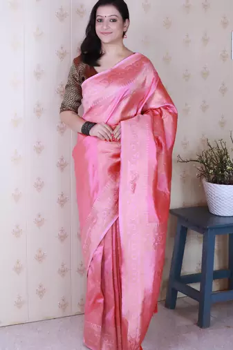 baby pink color soft silk blend  woven jari designer ethnic partywear saree